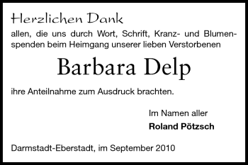 Traueranzeige von Barbara Delp von Echo-Zeitungen (Gesamtausgabe)