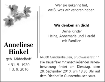 Traueranzeige von Anneliese HInkel von Echo-Zeitungen (Gesamtausgabe)