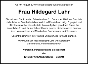 Traueranzeige von Hildegard Lahr von Rüsselsheimer Echo, Groß-Gerauer-Echo, Ried Echo