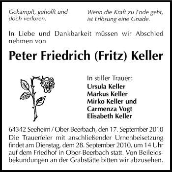 Traueranzeige von Peter Friedrich Keller von Echo-Zeitungen (Gesamtausgabe)