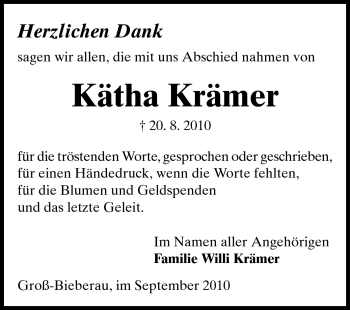Traueranzeige von Kätha Krämer von Darmstädter Echo, Odenwälder Echo, Rüsselsheimer Echo, Groß-Gerauer-Echo, Ried Echo