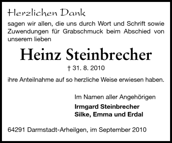 Traueranzeige von Heinz Steinbrecher von Echo-Zeitungen (Gesamtausgabe)