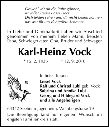 Traueranzeige von Karl-Heinz Vock von Echo-Zeitungen (Gesamtausgabe)