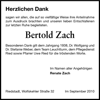 Traueranzeige von Bertold Zach von Echo-Zeitungen (Gesamtausgabe)