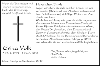 Traueranzeige von Erika Volk von Echo-Zeitungen (Gesamtausgabe)