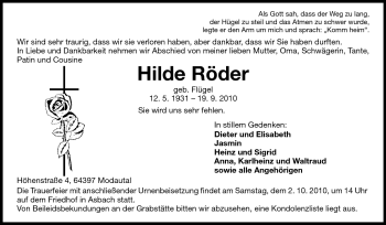 Traueranzeige von Hilde Röder von Darmstädter Echo, Odenwälder Echo, Rüsselsheimer Echo, Groß-Gerauer-Echo, Ried Echo