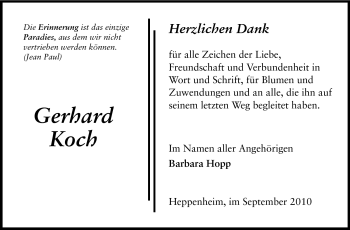 Traueranzeige von Gerhard Koch von Starkenburger Echo, Bergsträßer Anzeiger