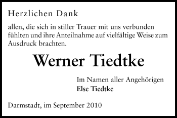 Traueranzeige von Werner Tiedtke von Darmstädter Echo, Odenwälder Echo, Rüsselsheimer Echo, Groß-Gerauer-Echo, Ried Echo