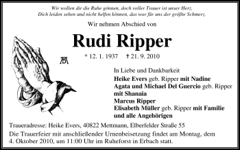 Traueranzeige von Rudi Ripper von Odenwälder Echo