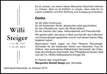 Traueranzeige von Willi Steiger von Darmstädter Echo, Odenwälder Echo, Rüsselsheimer Echo, Groß-Gerauer-Echo, Ried Echo