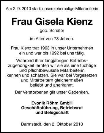 Traueranzeige von Gisela Kienz von Darmstädter Echo, Odenwälder Echo, Rüsselsheimer Echo, Groß-Gerauer-Echo, Ried Echo