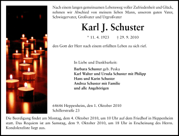 Traueranzeige von Karl Schuster von Starkenburger Echo, Bergsträßer Anzeiger