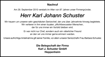 Traueranzeige von Karl Johann Schuster von Starkenburger Echo, Bergsträßer Anzeiger