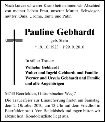 Traueranzeige von Pauline Gebhardt von Odenwälder Echo