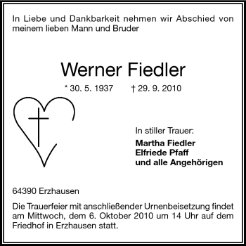 Traueranzeige von Werner Fiedler von Darmstädter Echo, Odenwälder Echo, Rüsselsheimer Echo, Groß-Gerauer-Echo, Ried Echo