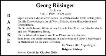 Traueranzeige von Georg Rösinger von Odenwälder Echo