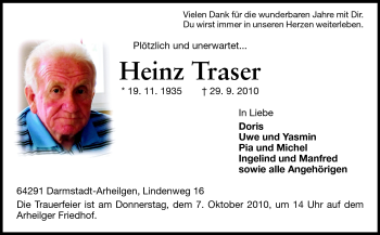 Traueranzeige von Heinz Traser von Echo-Zeitungen (Gesamtausgabe)