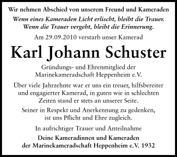 Traueranzeige von Karl Johann Schuster von Starkenburger Echo, Bergsträßer Anzeiger