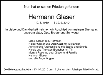 Traueranzeige von Hernann Glaser von Echo-Zeitungen (Gesamtausgabe)