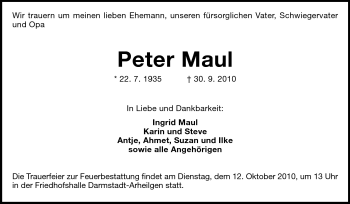 Traueranzeige von Peter Maul von Darmstädter Echo, Odenwälder Echo, Rüsselsheimer Echo, Groß-Gerauer-Echo, Ried Echo