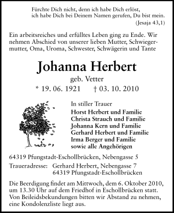 Traueranzeige von Johanna Herbert von Echo-Zeitungen (Gesamtausgabe)