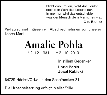 Traueranzeige von Amalie Pohla von Odenwälder Echo