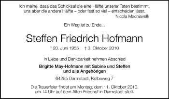 Traueranzeige von Steffen Friedrich Hofmann von Darmstädter Echo, Odenwälder Echo, Rüsselsheimer Echo, Groß-Gerauer-Echo, Ried Echo