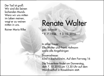 Traueranzeige von Renate Walter von Rüsselsheimer Echo, Groß-Gerauer-Echo, Ried Echo