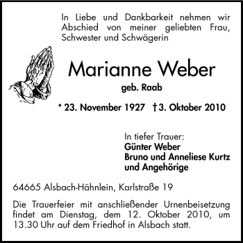 Traueranzeige von Marianne Weber von Echo-Zeitungen (Gesamtausgabe)
