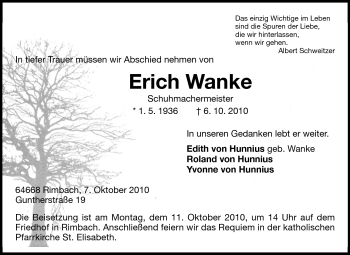 Traueranzeige von Erich Wanke von Starkenburger Echo