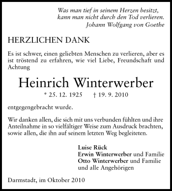 Traueranzeige von Heinrich Winterwerber von Darmstädter Echo, Odenwälder Echo, Rüsselsheimer Echo, Groß-Gerauer-Echo, Ried Echo