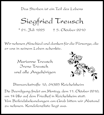 Traueranzeige von Siegfried Treusch von Odenwälder Echo
