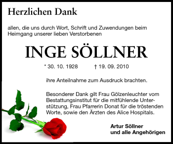 Traueranzeige von Inge Söllner von Echo-Zeitungen (Gesamtausgabe)