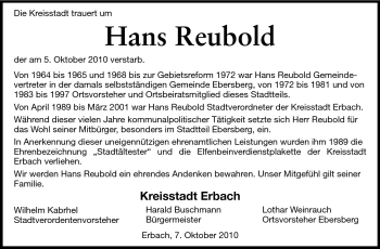 Traueranzeige von Hans Reubold von Odenwälder Echo