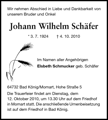 Traueranzeige von Johann Wilhelm Schäfer von Odenwälder Echo