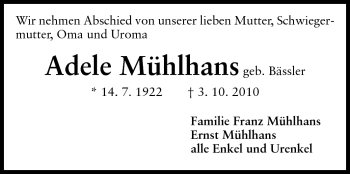 Traueranzeige von Adele Mühlhans von Darmstädter Echo, Odenwälder Echo, Rüsselsheimer Echo, Groß-Gerauer-Echo, Ried Echo
