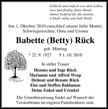 Traueranzeige von Babette Rück von Odenwälder Echo