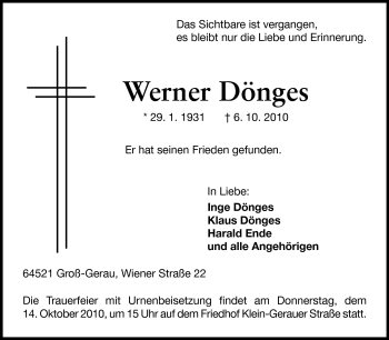 Traueranzeige von Werner Dönges von Rüsselsheimer Echo, Groß-Gerauer-Echo, Ried Echo