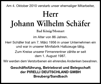 Traueranzeige von Johann Wilhelm Schäfer von Odenwälder Echo
