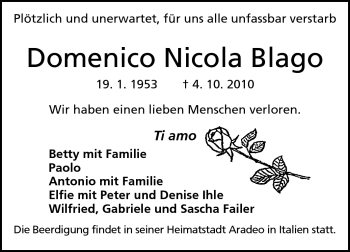 Traueranzeige von Domenico Nicola Blago von Echo-Zeitungen (Gesamtausgabe)