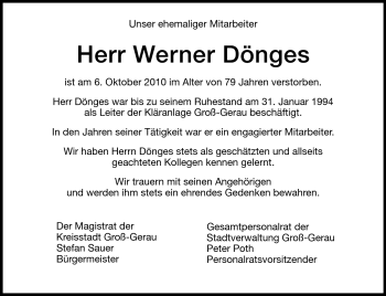 Traueranzeige von Werner Dönges von Rüsselsheimer Echo, Groß-Gerauer-Echo, Ried Echo