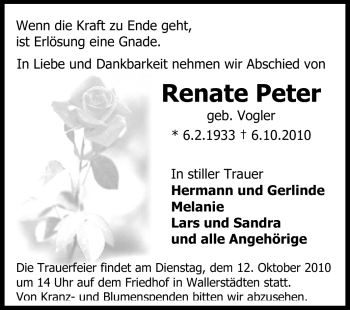 Traueranzeige von Renate Peter von Rüsselsheimer Echo, Groß-Gerauer-Echo, Ried Echo