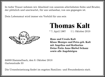 Traueranzeige von Thomas Kalt von Starkenburger Echo