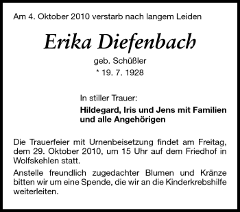Traueranzeige von Erika Diefenbach von Rüsselsheimer Echo, Groß-Gerauer-Echo, Ried Echo