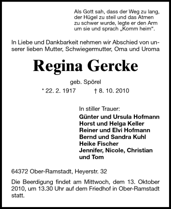 Traueranzeige von Regina Gercke von Darmstädter Echo, Odenwälder Echo, Rüsselsheimer Echo, Groß-Gerauer-Echo, Ried Echo