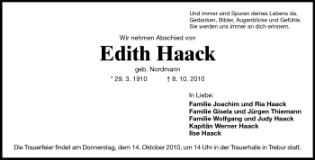 Traueranzeige von Edith Haack von Rüsselsheimer Echo, Groß-Gerauer-Echo, Ried Echo