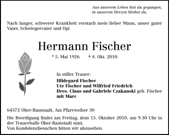 Traueranzeige von Hermann Fischer von Echo-Zeitungen (Gesamtausgabe)