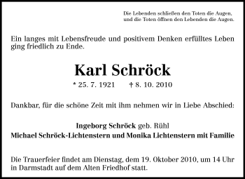 Traueranzeige von Karl Schröck von Darmstädter Echo, Odenwälder Echo, Rüsselsheimer Echo, Groß-Gerauer-Echo, Ried Echo