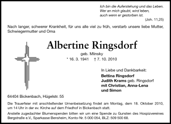 Traueranzeige von Albertine Ringsdorf von Echo-Zeitungen (Gesamtausgabe)