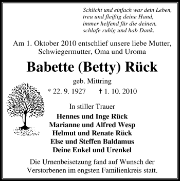 Traueranzeige von Babette Rück von Echo-Zeitungen (Gesamtausgabe)